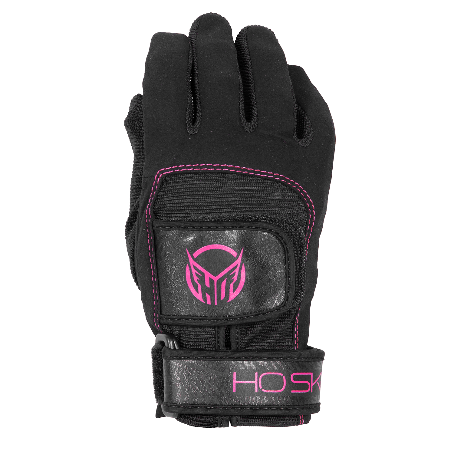 Top view of Women's Pro Grip glove in black with pink stitching, a padded knuckle panel, and an adjustable wrist strap.