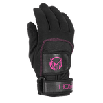 Angled view of Women's Pro Grip glove showing the black design, pink logo, and reinforced grip panel.