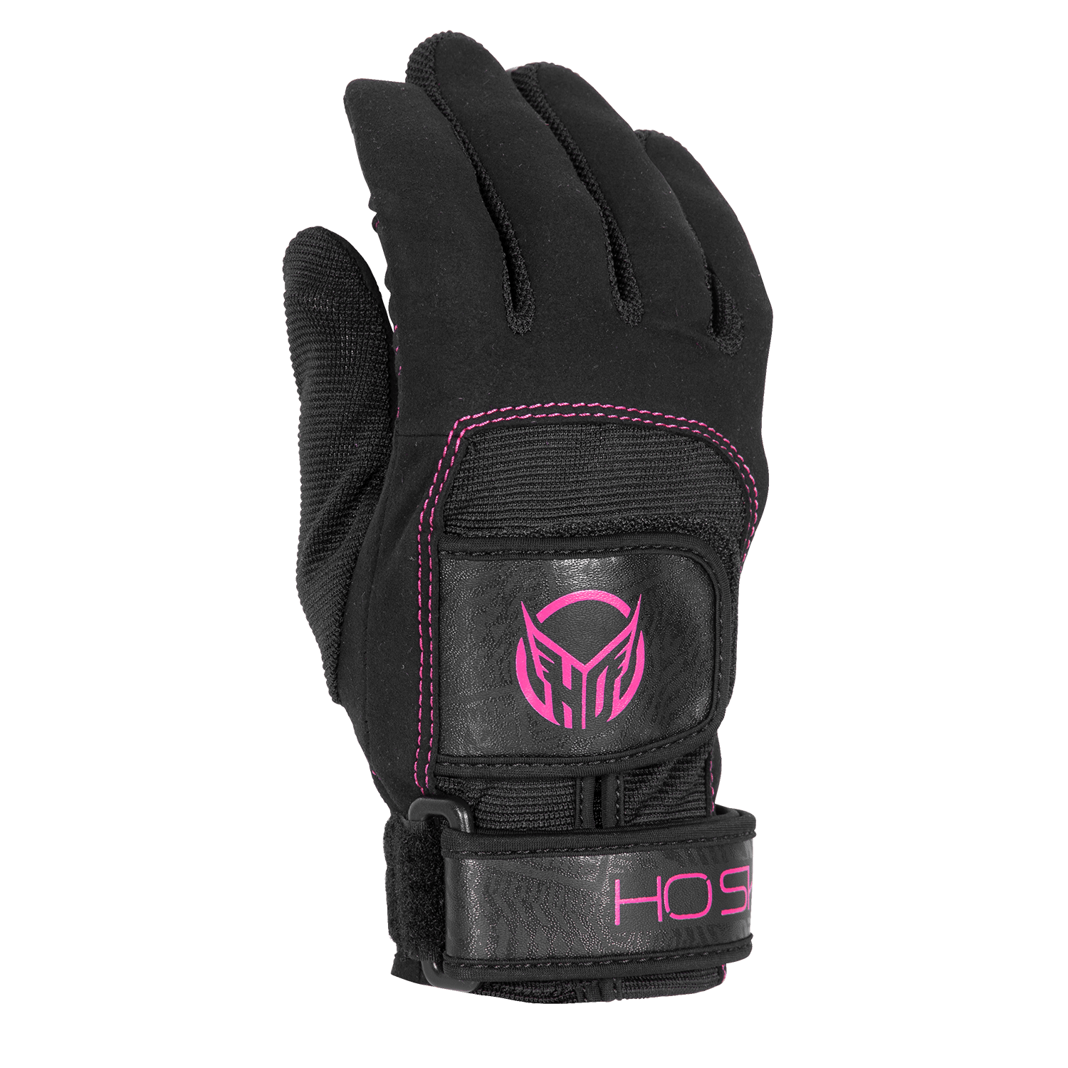 Angled view of Women's Pro Grip glove showing the black design, pink logo, and reinforced grip panel.