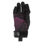 Palm view of Women's Pro Grip glove in black with pink crosshatched stitching and a secure Velcro wrist strap.