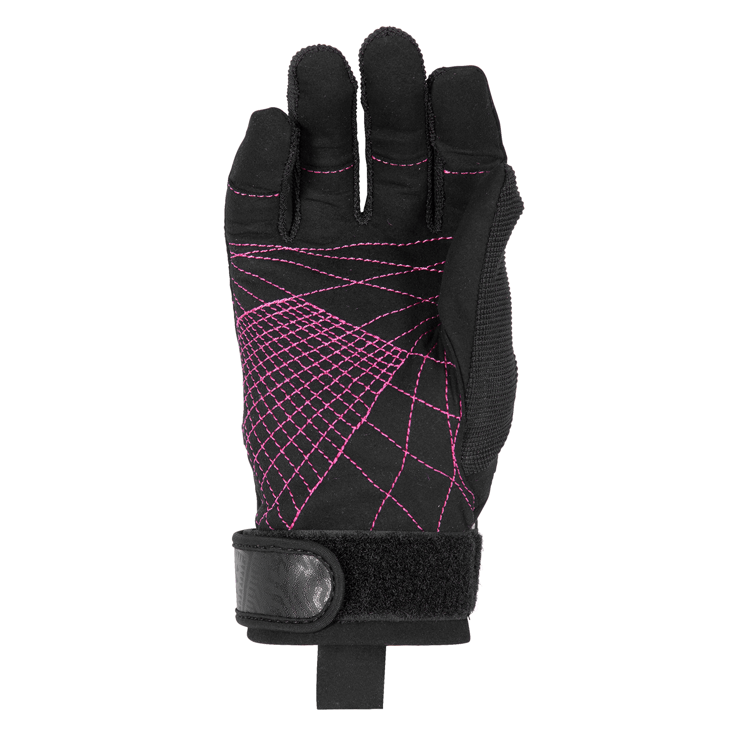 Palm view of Women's Pro Grip glove in black with pink crosshatched stitching and a secure Velcro wrist strap.