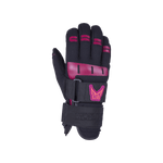 Top view of Womens World Cup glove in black with pink protective padding, a bold logo, and dual adjustable straps.