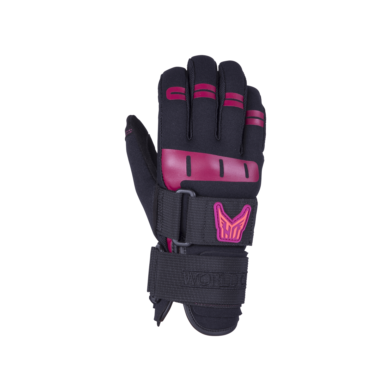 Top view of Womens World Cup glove in black with pink protective padding, a bold logo, and dual adjustable straps.