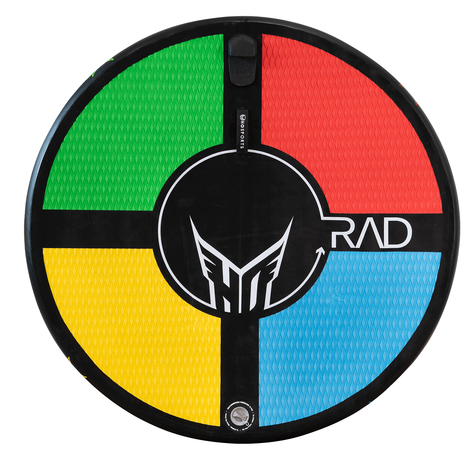 Top view of RAD 4 featuring a circular design with black, red, green, yellow, and blue grip sections and an HO logo.