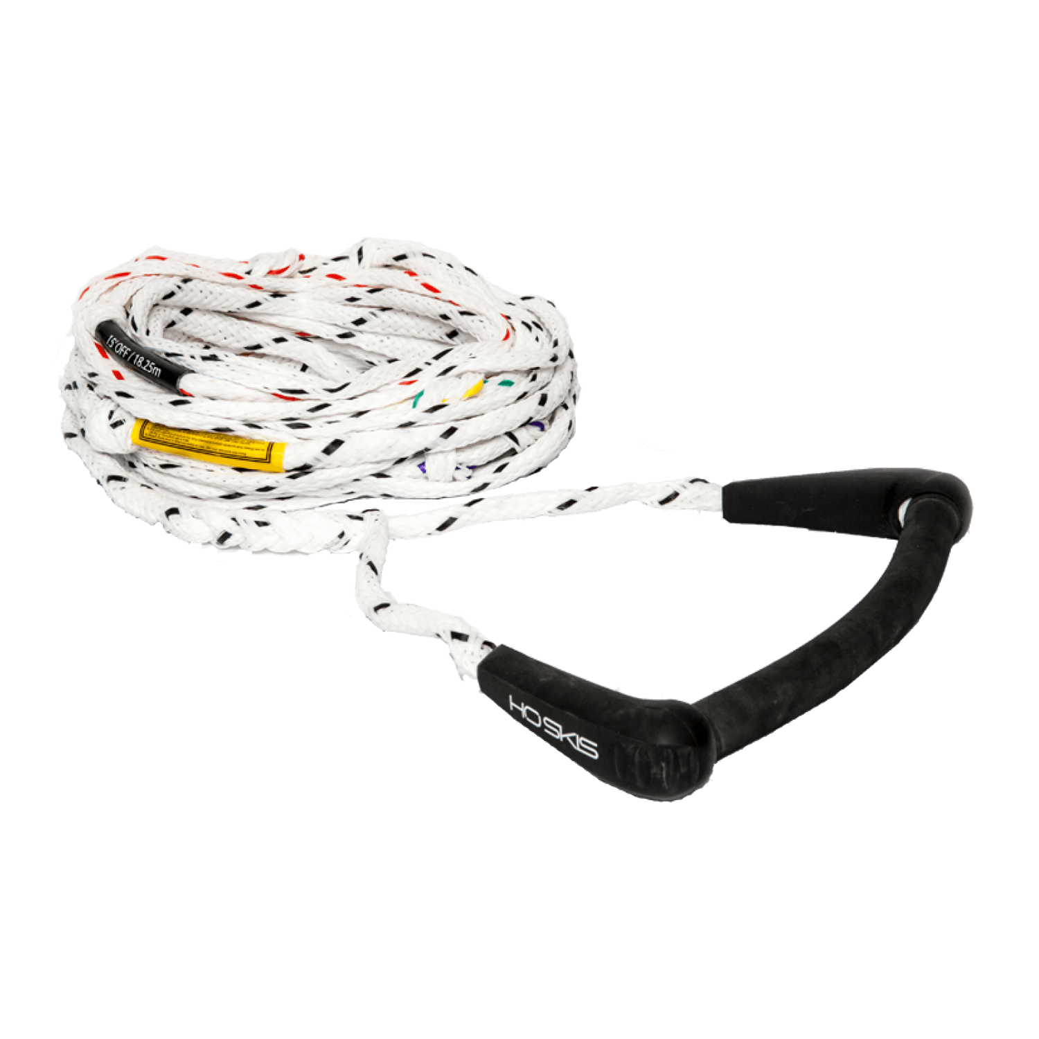 White LTD rope with a curved black ARC handle, featuring black end caps and multi-colored weave accents.