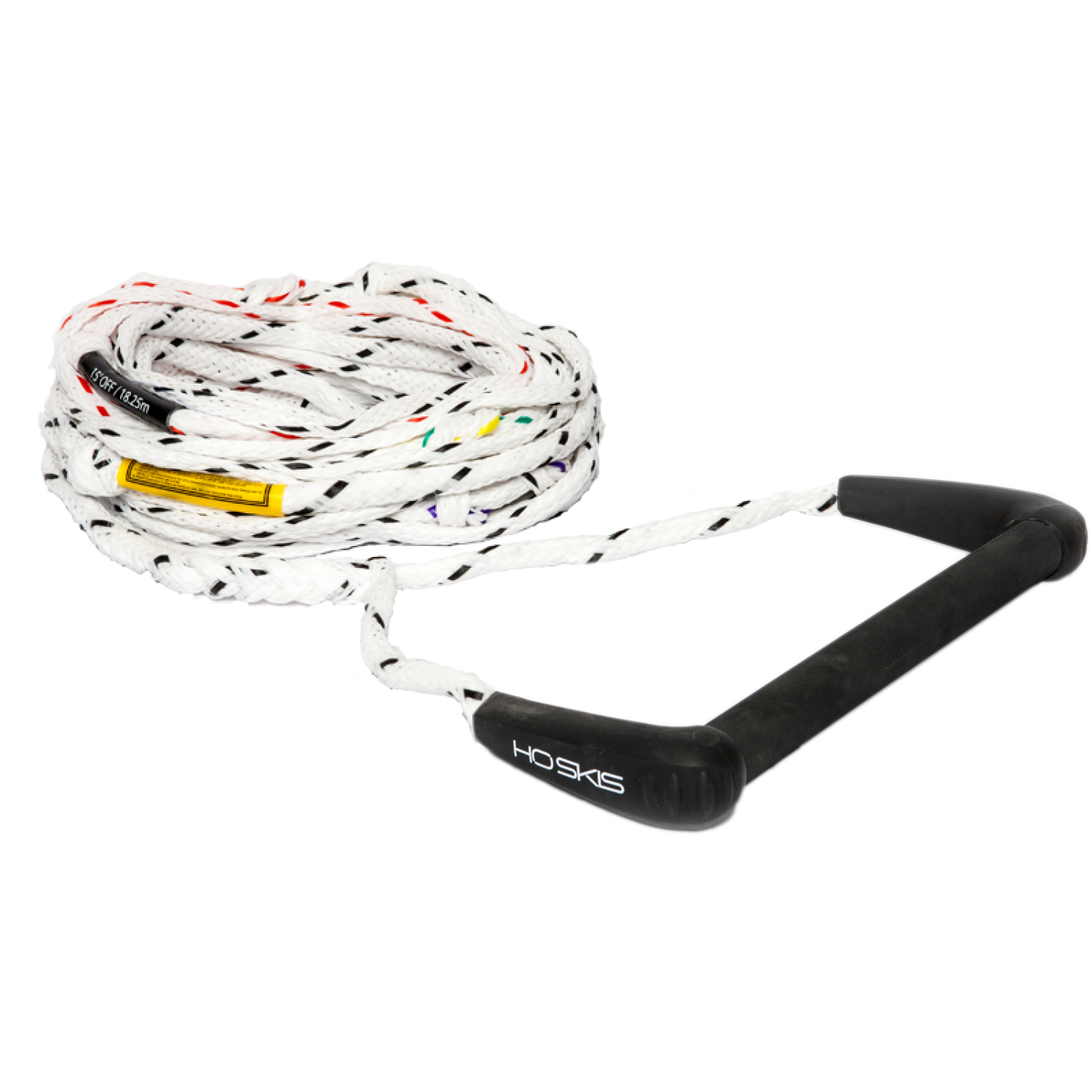 White LTD rope with a black rubber grip handle, featuring black end caps and multi-colored weave accents.