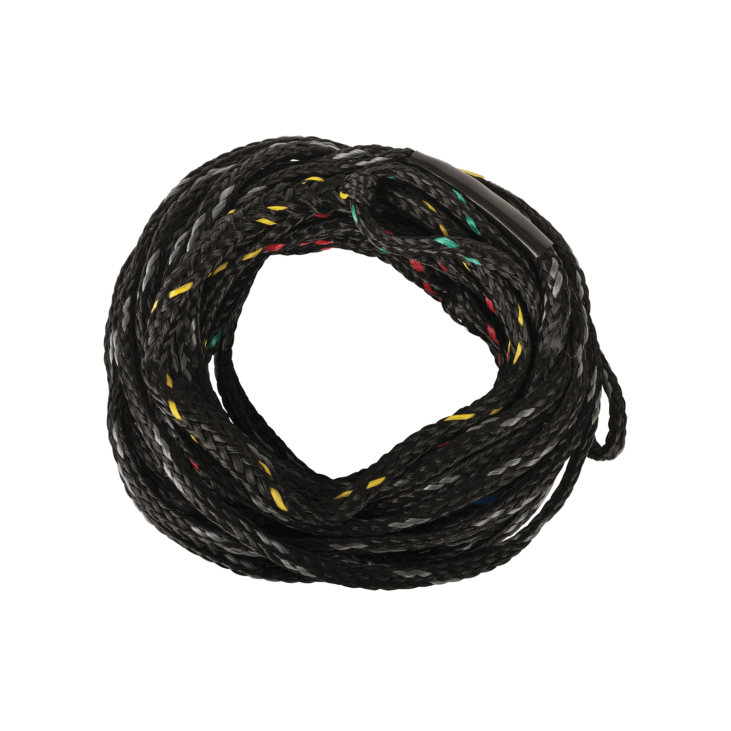 Side view of the Syndicate Knotless Mainline, highlighting the black rope with yellow, red, and green strands.