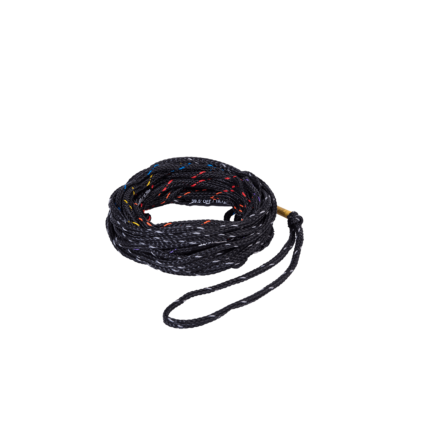 Side view of the Syndicate Knotless Mainline, highlighting the black rope with yellow, red, and green strands.