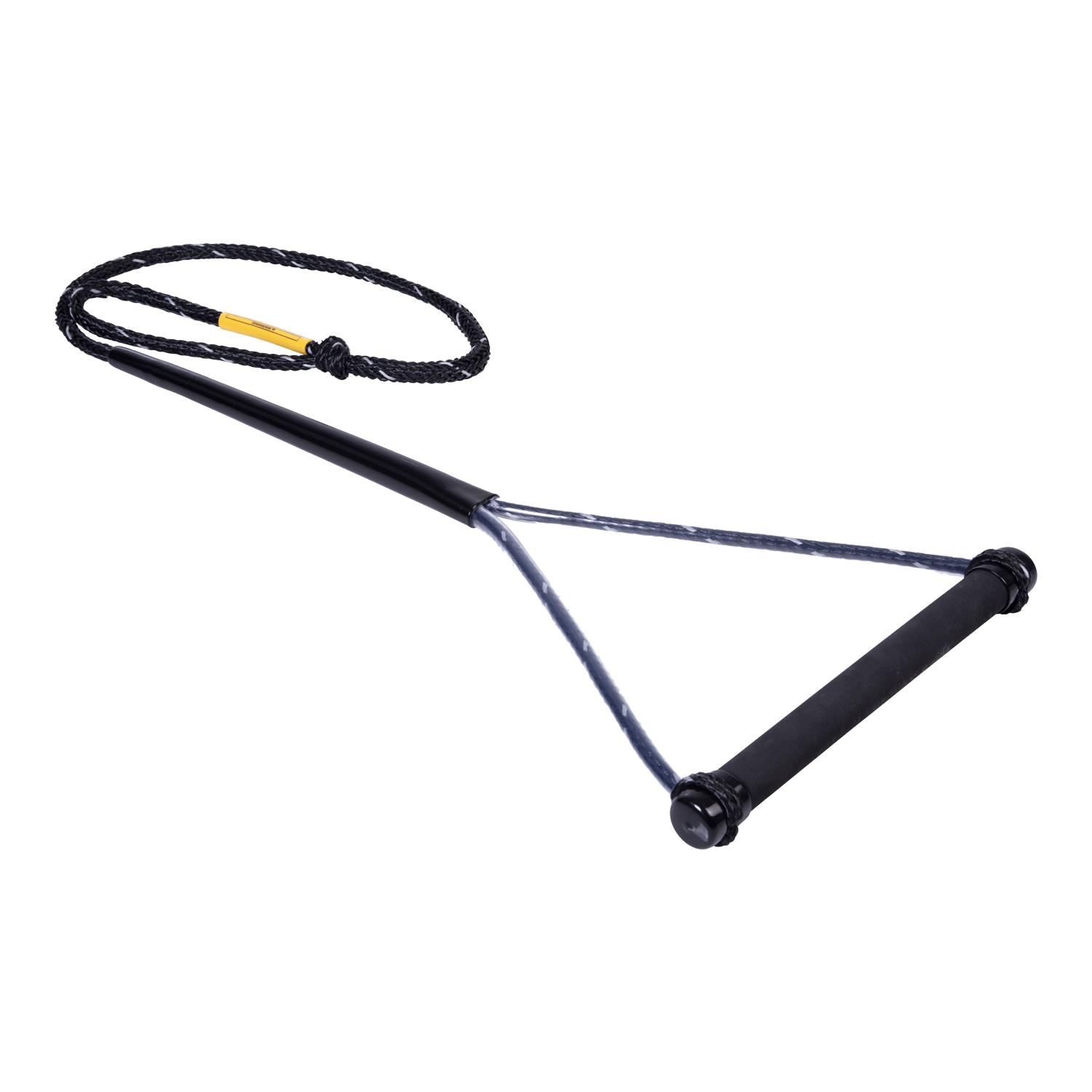 Angled view of the Syndicate Pro Handle, a black waterski handle with a textured grip and a braided mainline rope.