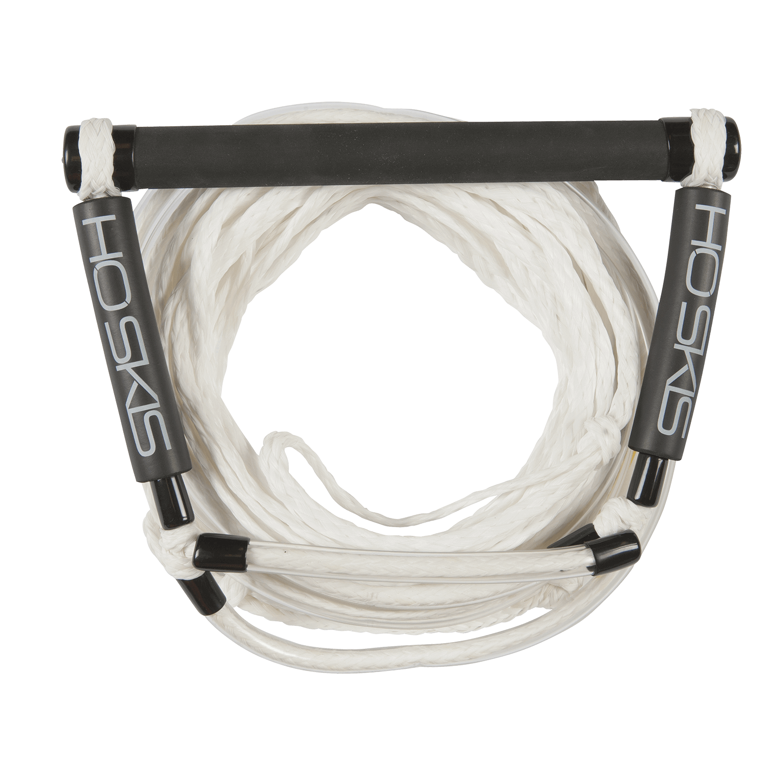 Top view of Universal Deep V PKG, a white waterski rope with black handles labeled 'HO Skis,' neatly coiled.