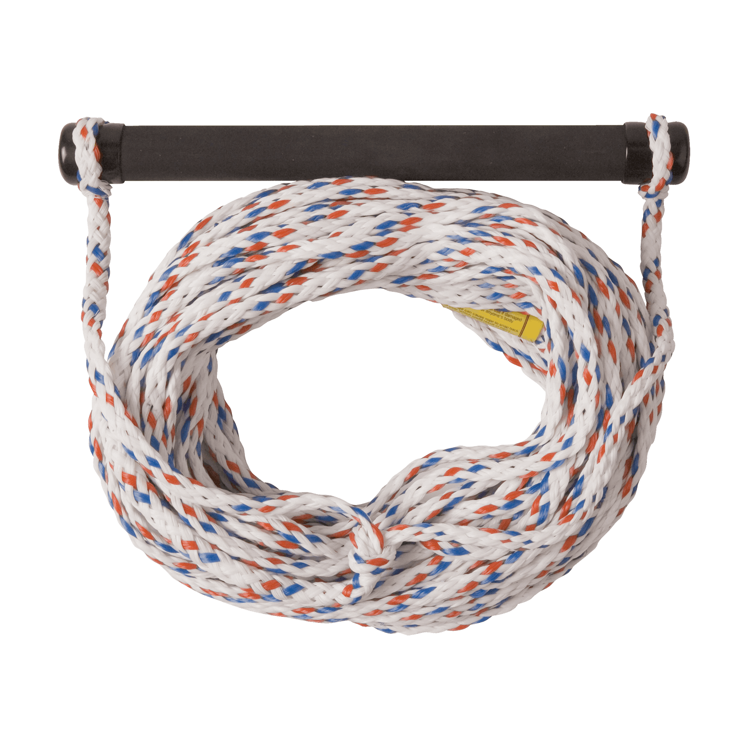 Top view of Universal Rope & Handle Package, a white waterski rope with blue and red accents, coiled with a black handle.