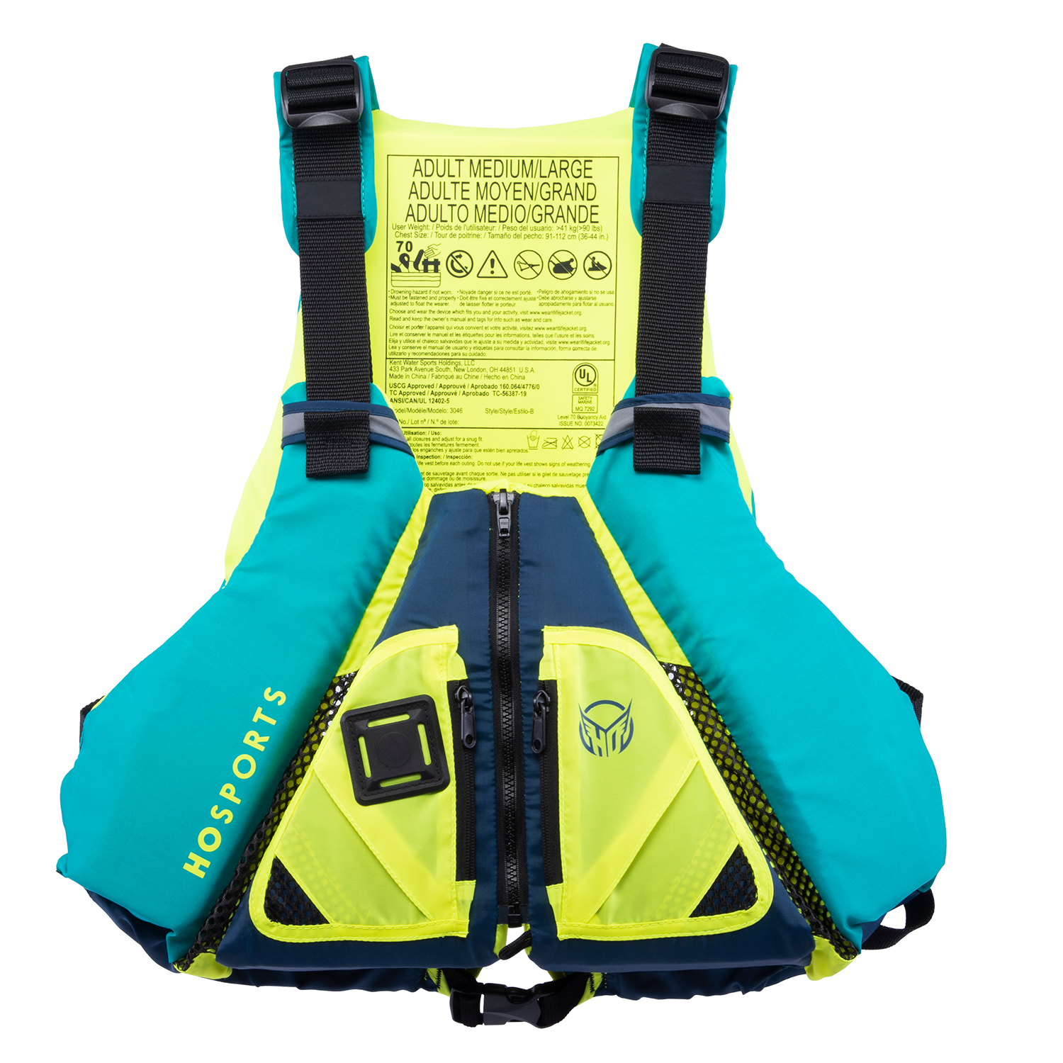 Front view of the Atlas - Jade life vest in teal, navy, and yellow with zippered pockets, adjustable straps, and logo.