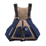 Front view of the Atlas - Tan life vest in navy and tan with zippered pockets, adjustable straps, and HO Sports logo.