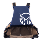 Back view of the Atlas - Tan life vest in navy and tan with a large HO Sports logo and mesh lower panel.