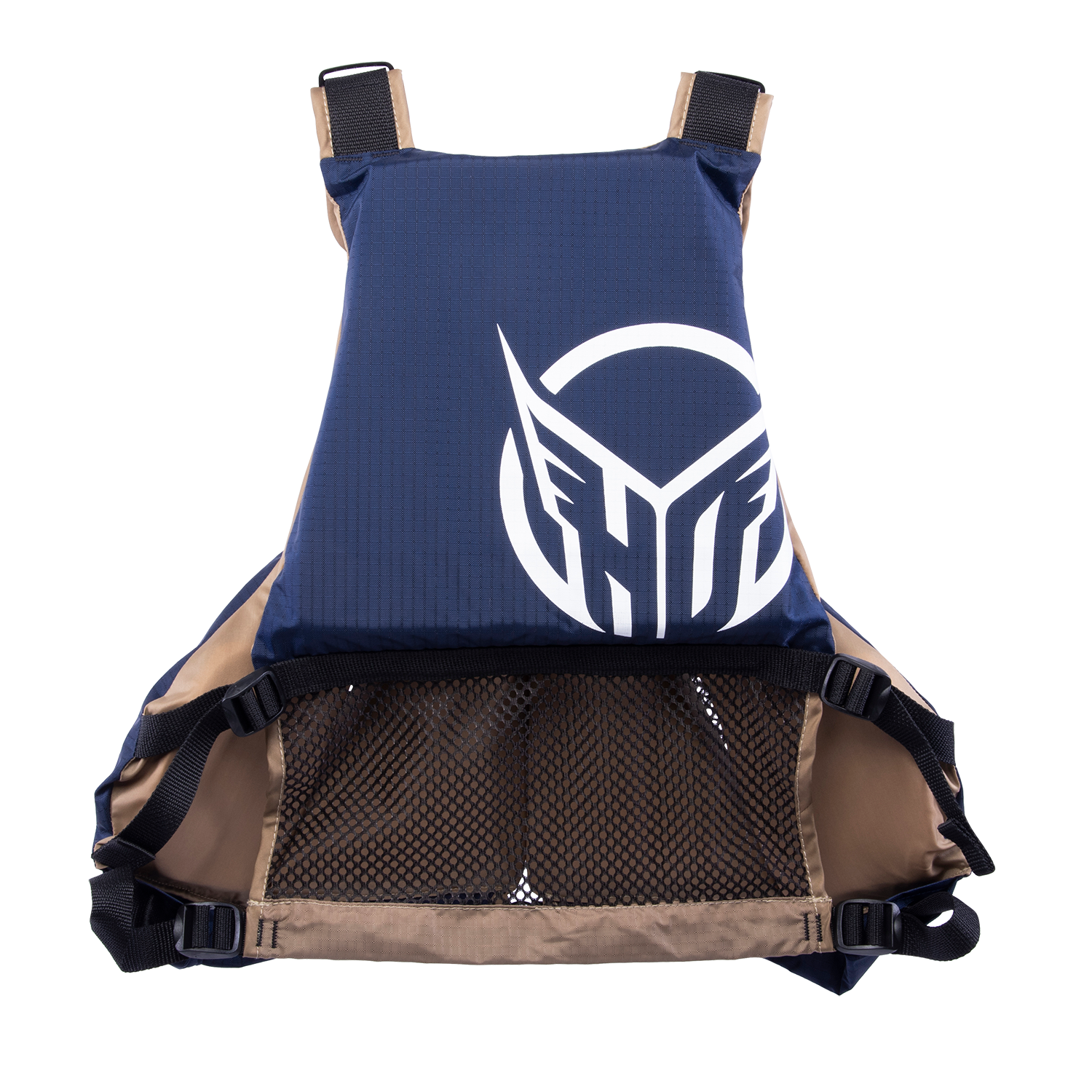 Back view of the Atlas - Tan life vest in navy and tan with a large HO Sports logo and mesh lower panel.