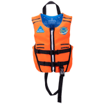 Front view of an orange and blue Child Pursuit life vest with black straps, a zipper, and HO Sports logo on the chest.