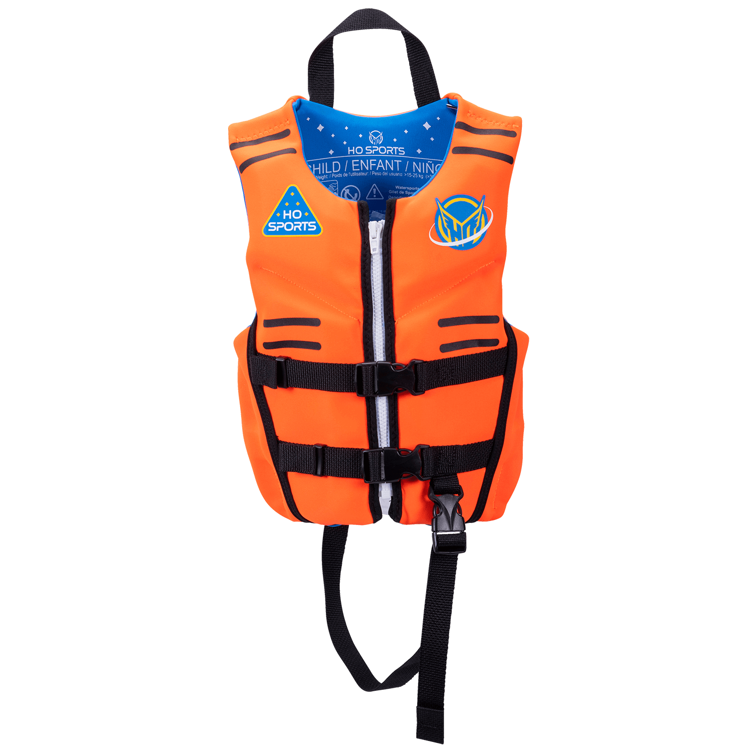 Front view of an orange and blue Child Pursuit life vest with black straps, a zipper, and HO Sports logo on the chest.