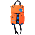 Back view of an orange Child Pursuit life vest with black horizontal accents, a black strap, and an HO Sports logo.