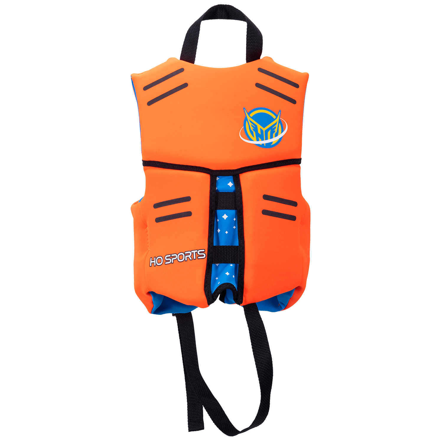 Back view of an orange Child Pursuit life vest with black horizontal accents, a black strap, and an HO Sports logo.