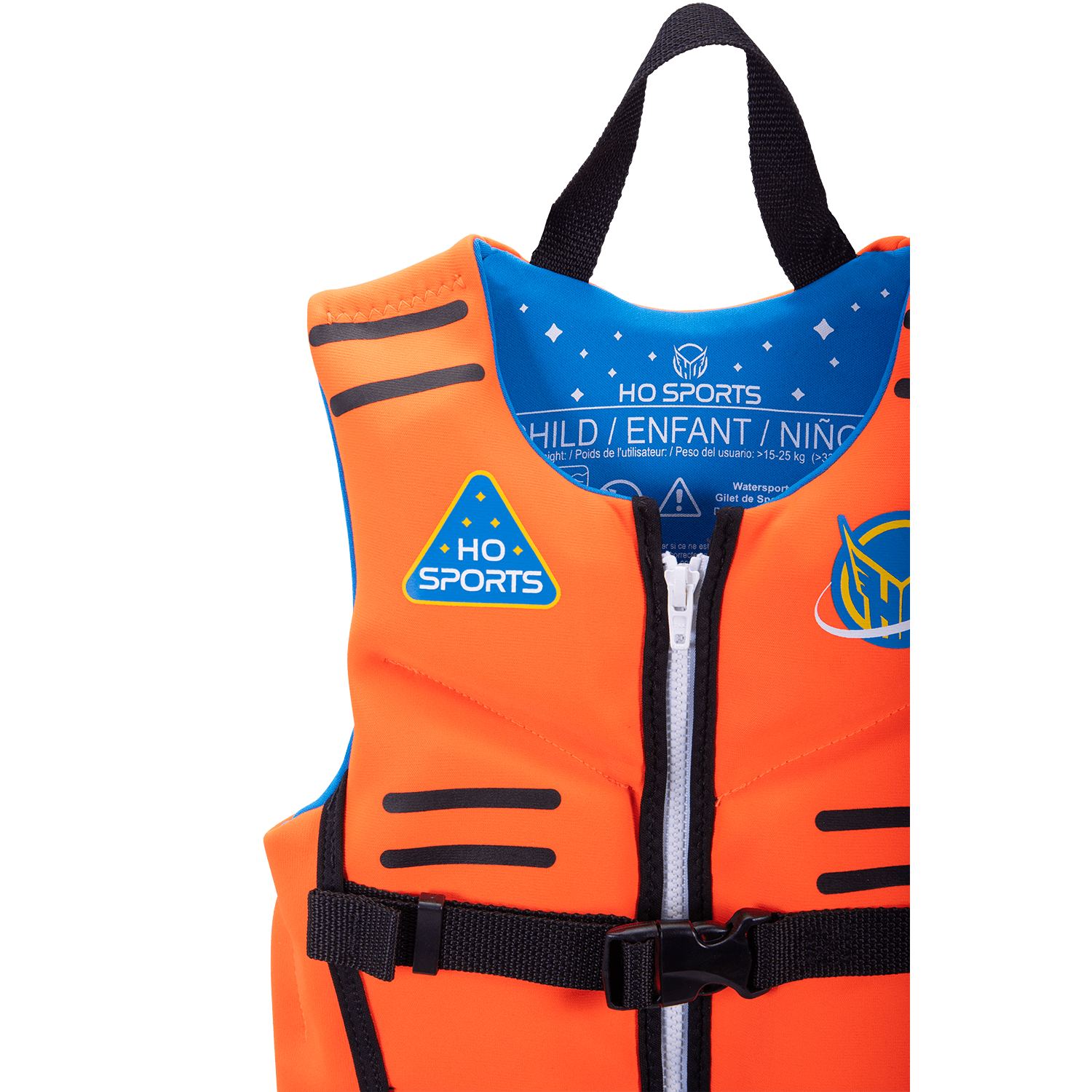 Close-up angled view of the Child Pursuit vest, showing the black straps, zipper, blue lining, and HO Sports branding.