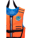 Detailed view of the Child Pursuit vest’s upper chest, showing the blue lining, zipper, and weight specifications inside.