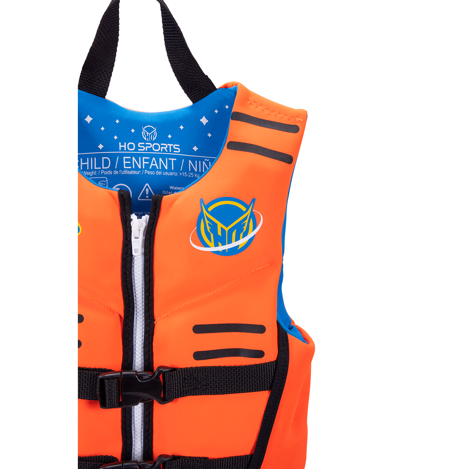 Detailed view of the Child Pursuit vest’s upper chest, showing the blue lining, zipper, and weight specifications inside.