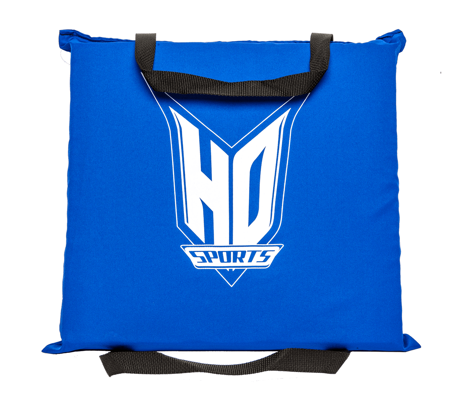 Front view of the blue Seat Cushion PFD with the white HO Sports logo, featuring black carrying straps on the top and bottom.