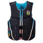 Front of the Junior Pursuit life vest in black with a speckled pattern, blue lining, dual buckles, and a zippered closure.