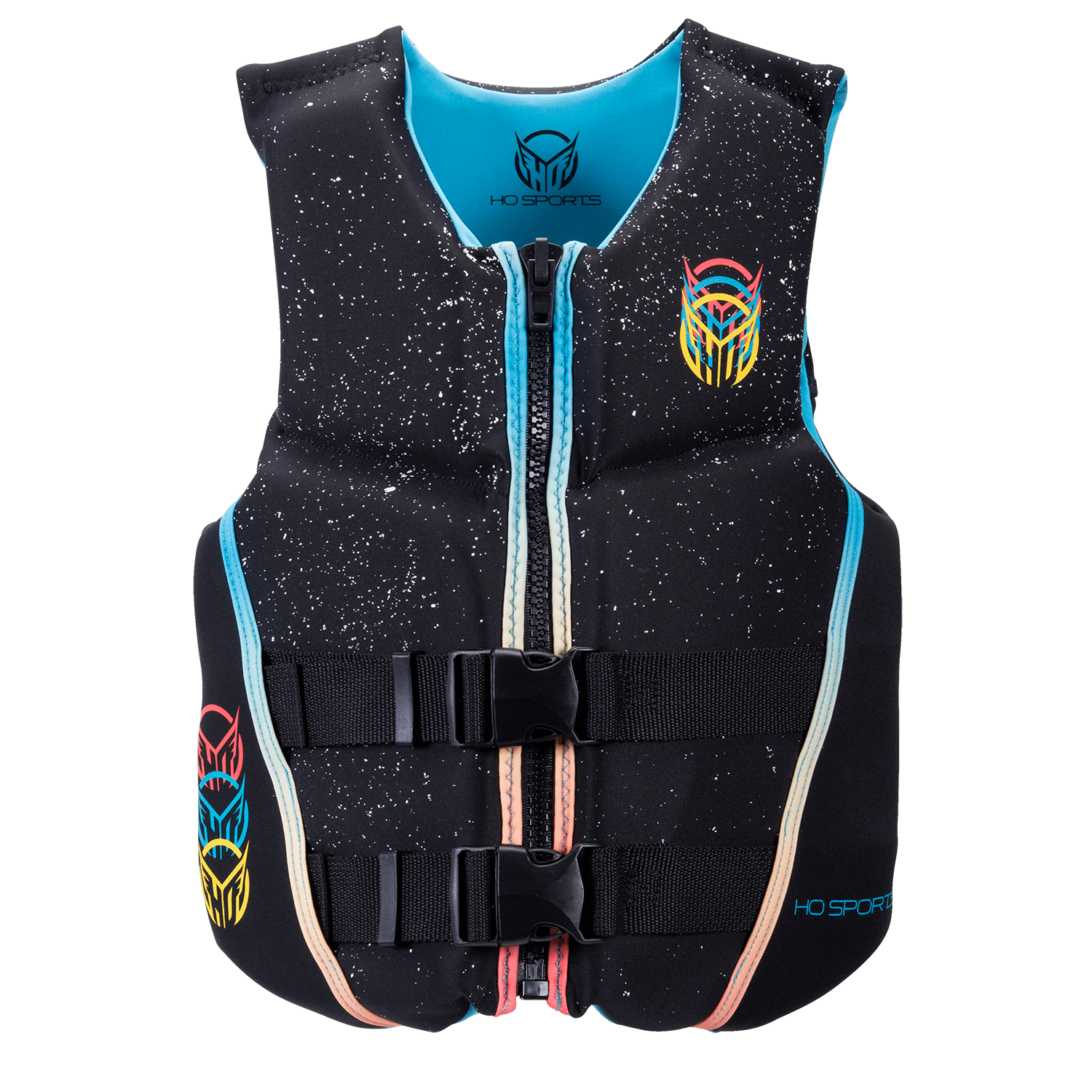 Front of the Junior Pursuit life vest in black with a speckled pattern, blue lining, dual buckles, and a zippered closure.