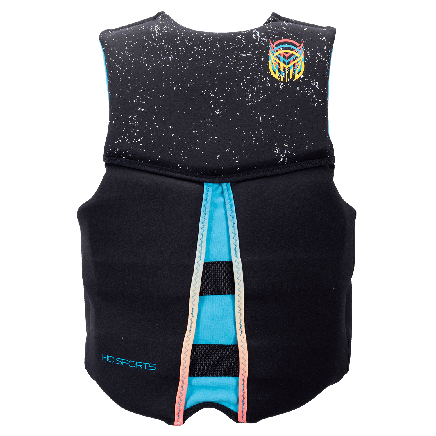 Back view of the black Junior Pursuit life vest with white speckled pattern, blue side panels, and rainbow HO Sports logo.