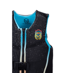 Close-up of the Junior Pursuit life vest, with a rainbow logo, blue lining, and front zipper with contrast stitching.