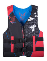 Front view of the Men’s Infinite Vest - Tall in red and black featuring a zippered closure, dual buckles, and silver accents.