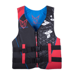 Front view of the Men’s Infinite Red life vest featuring a zippered closure, dual buckles, and geometric silver accents.