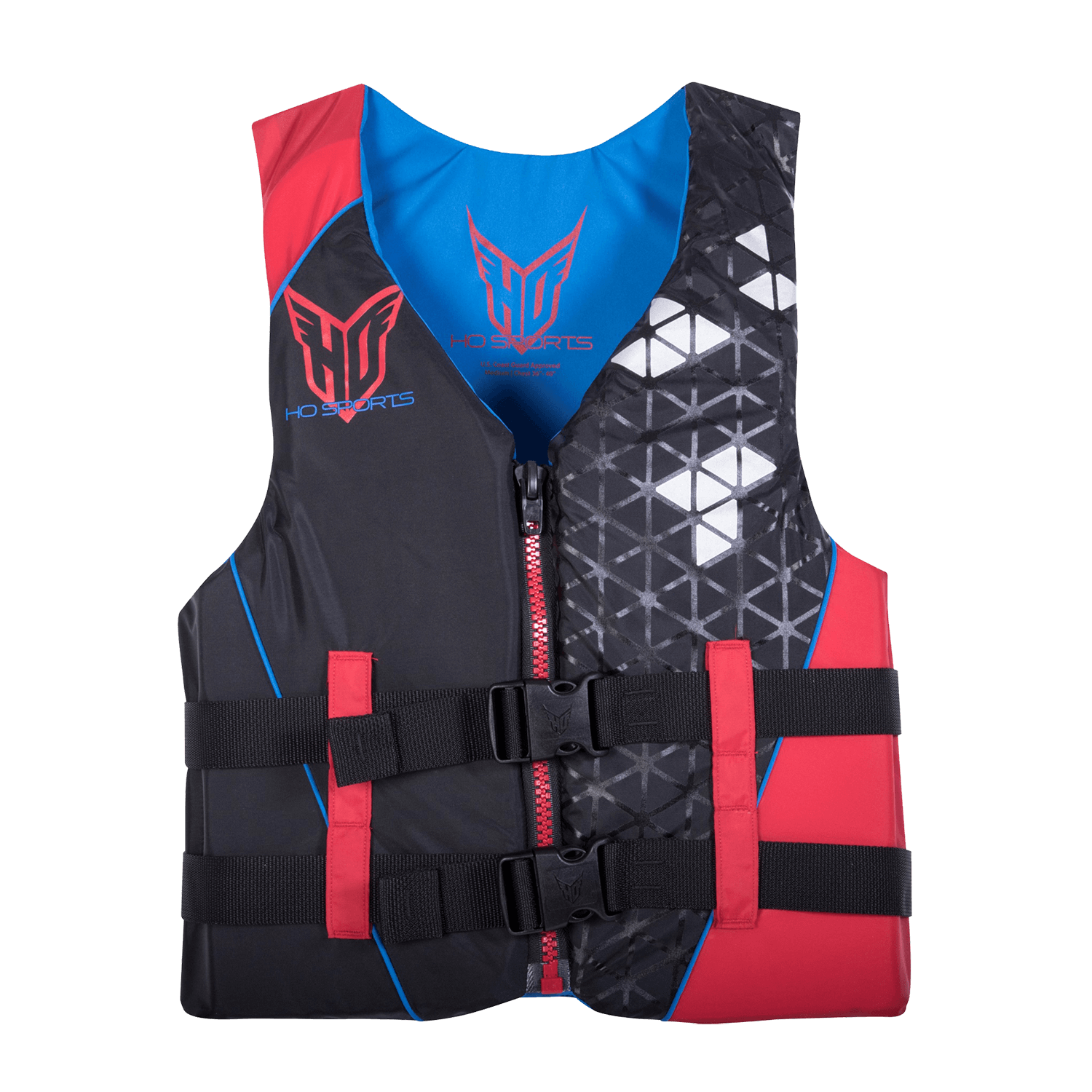 Front view of the Men’s Infinite Red life vest featuring a zippered closure, dual buckles, and geometric silver accents.