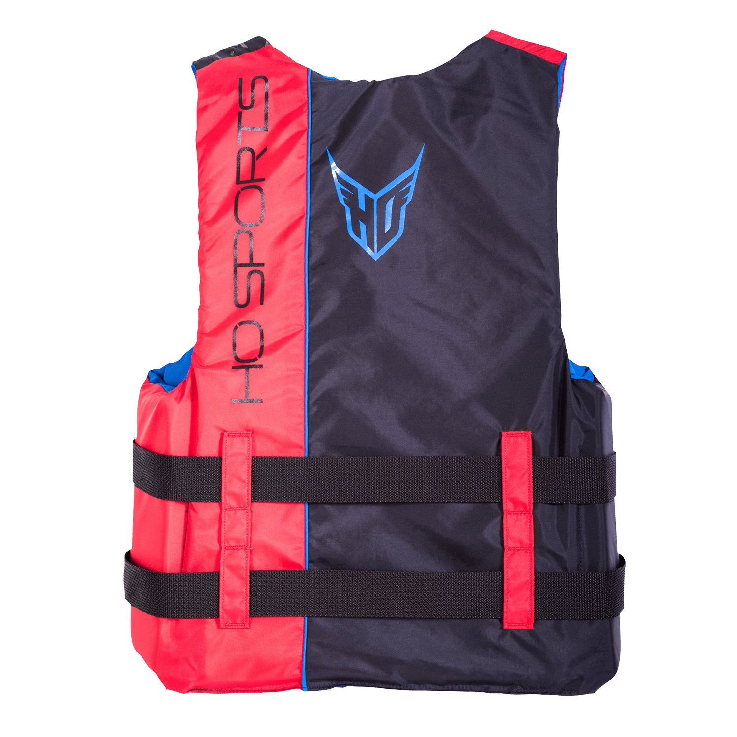 Back view of the Men’s Infinite Red life vest in red and black with an HO Sports logo and dual adjustable straps.