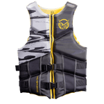 Front view of the Men’s Mission life vest in black, gray, and yellow with a zippered closure, dual buckles, and camo pattern.