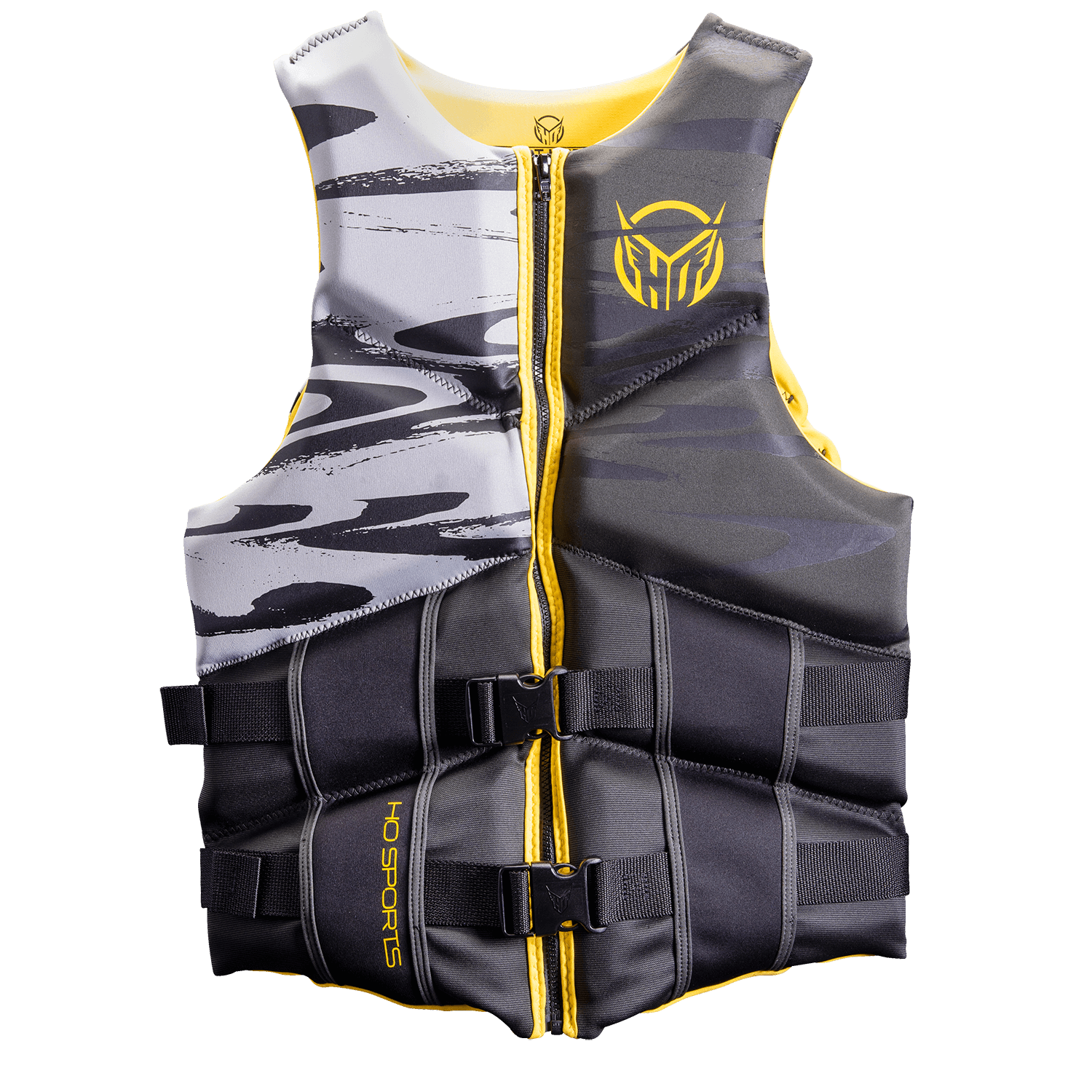 Front view of the Men’s Mission life vest in black, gray, and yellow with a zippered closure, dual buckles, and camo pattern.