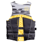 Back view of the Men’s Mission life vest featuring a black and gray camo pattern with yellow accents and adjustable straps.