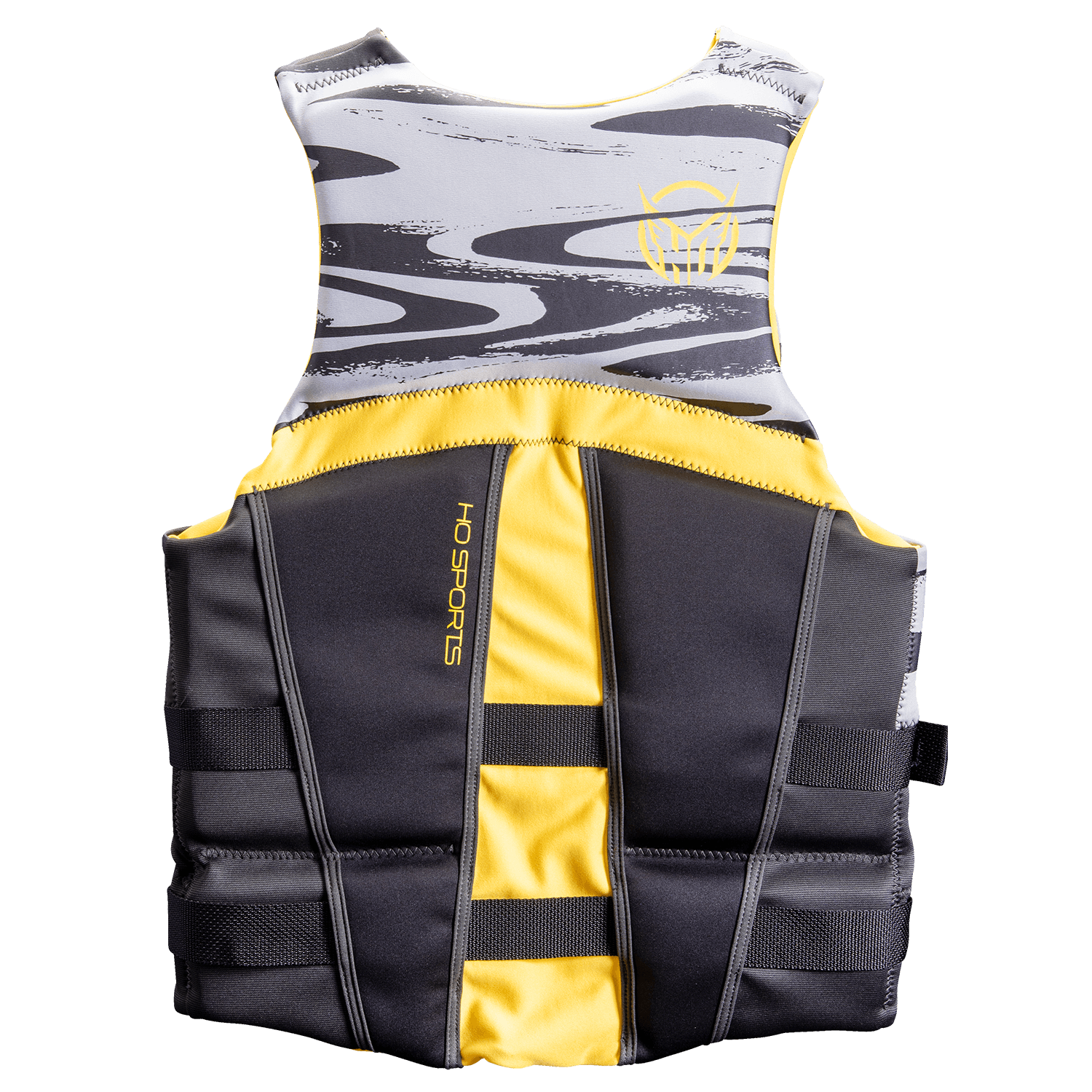 Back view of the Men’s Mission life vest featuring a black and gray camo pattern with yellow accents and adjustable straps.