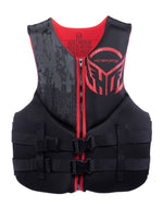 Front of the Men’s Pursuit life vest in black with red accents, digital pixel pattern, zippered closure, and dual buckles.