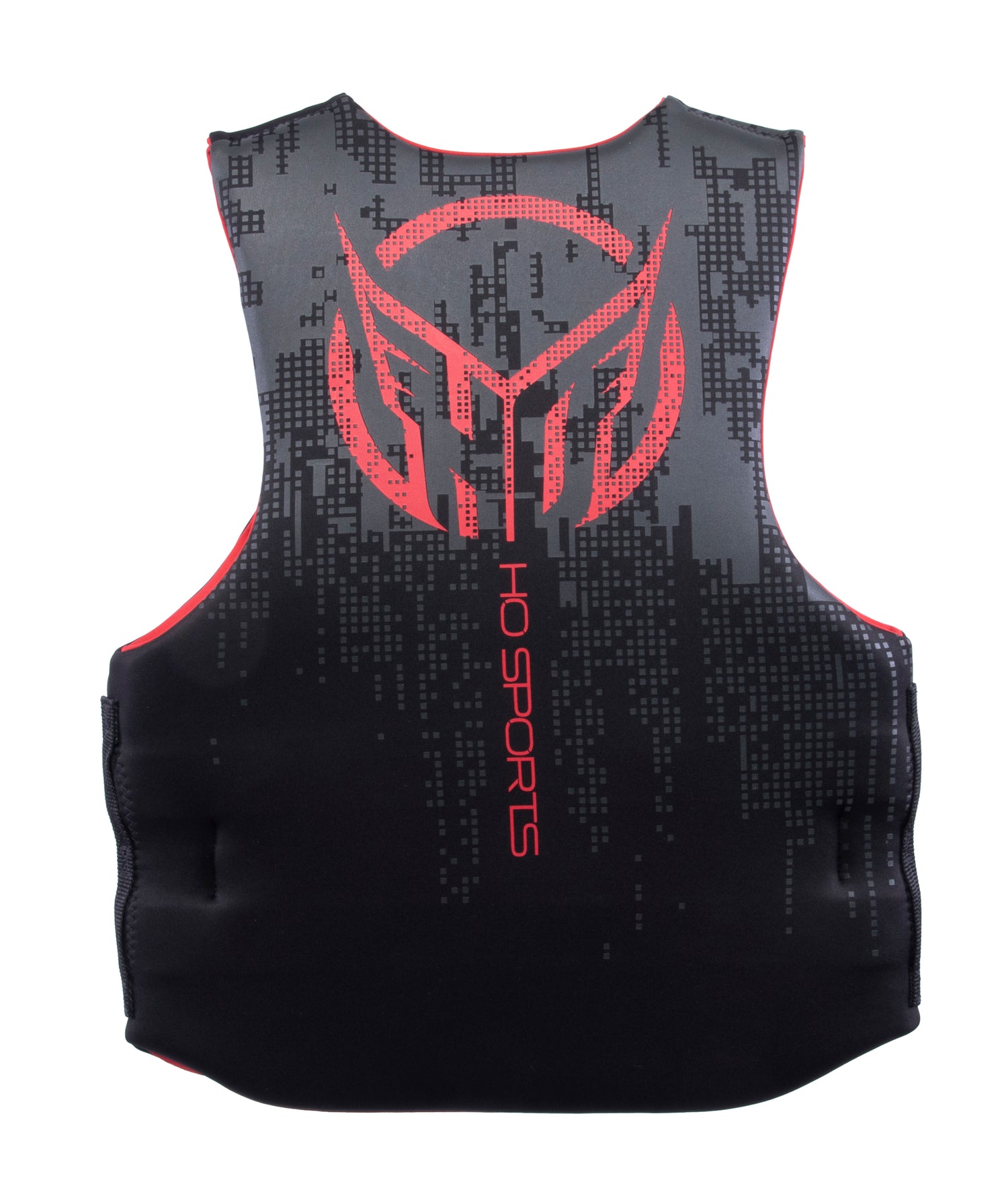 Back view of the Men’s Pursuit life vest featuring a red HO Sports logo over a digital pixel pattern on a black background.