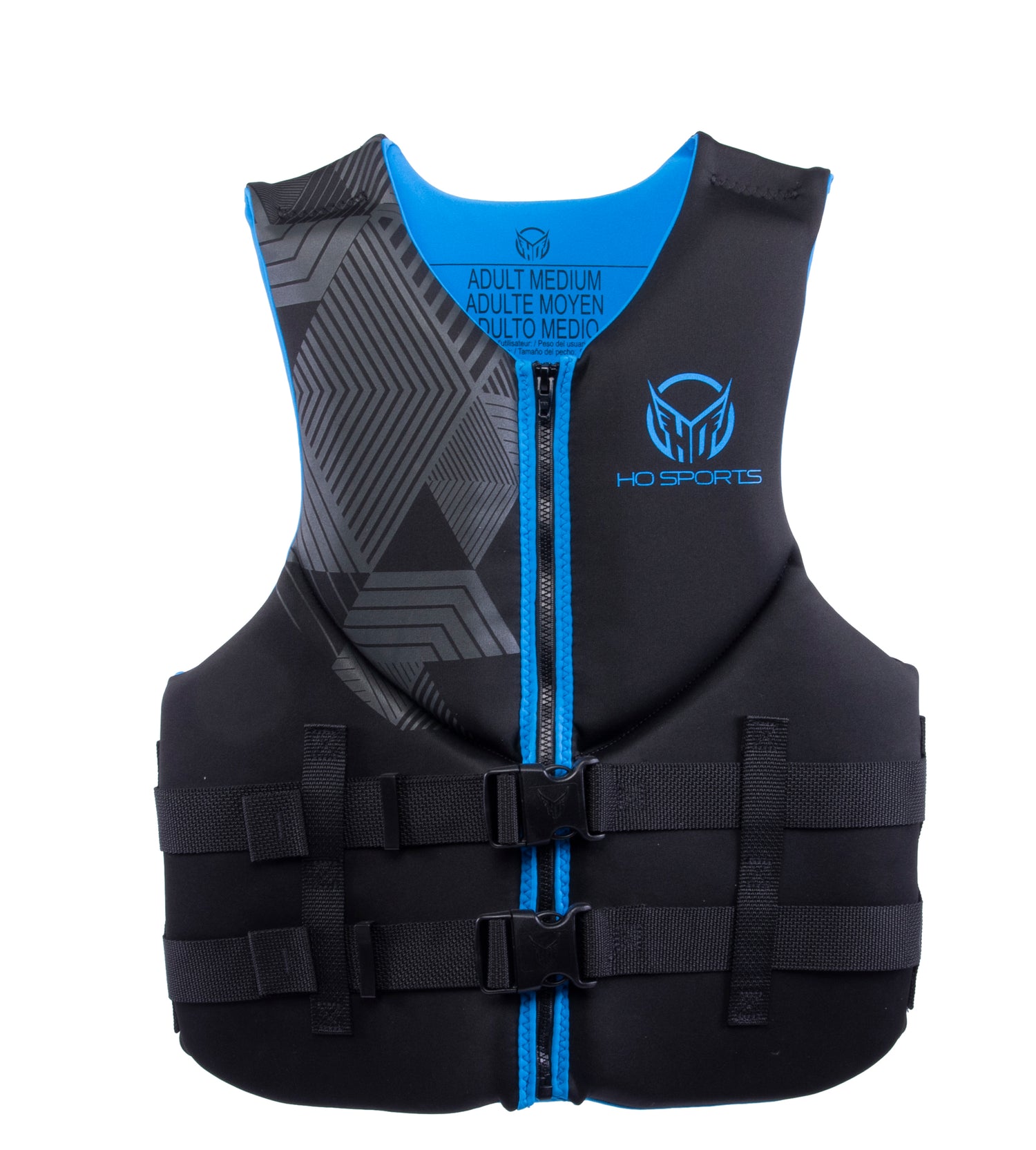 Front view of the Men’s Pursuit life vest in black with blue accents, geometric paneling, zippered closure, and dual buckles.