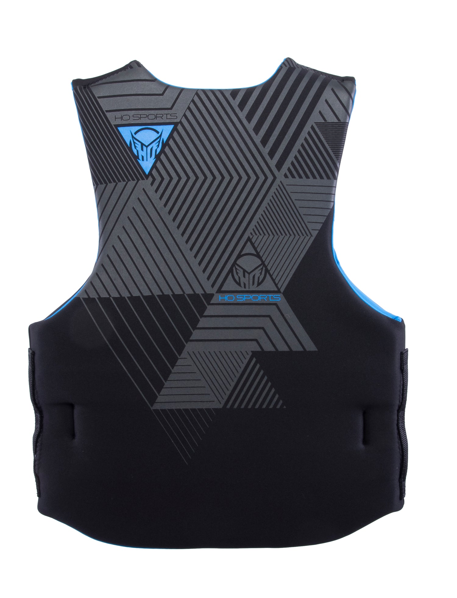 Back view of the Men’s Pursuit life vest featuring black geometric patterns and blue HO Sports branding.