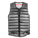 Front view of the Syndicate Pro Vest, a black padded waterski vest with a full-length zipper and horizontal foam panels.