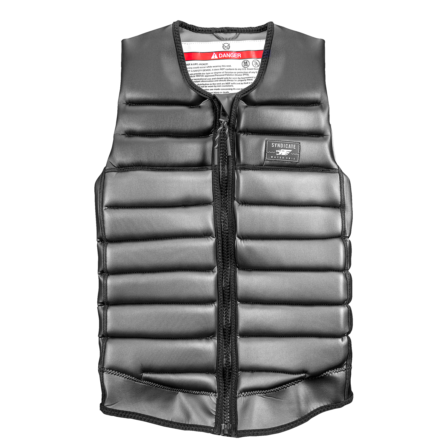 Front view of the Syndicate Pro Vest, a black padded waterski vest with a full-length zipper and horizontal foam panels.