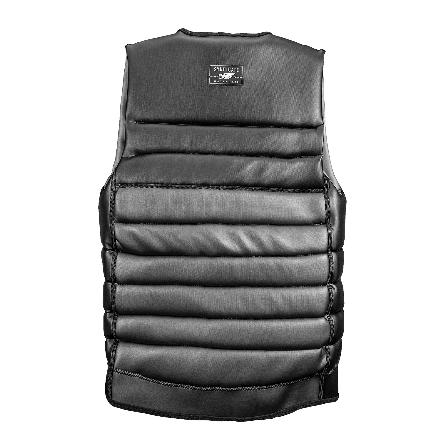 Back view of the Syndicate Pro Vest, showcasing the black padded design with horizontal foam panels and a logo patch.