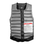 Front view of the Syndicate Pro Vest, a black padded vest with warning labels attached.