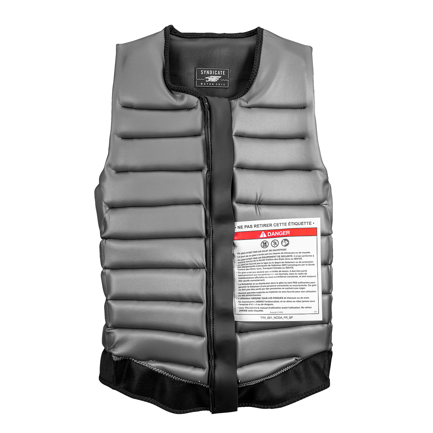 Front view of the Syndicate Pro Vest, a black padded vest with warning labels attached.