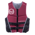 Front view of the Men’s System life vest in burgundy and black with a zippered closure, dual buckles, and white branding.