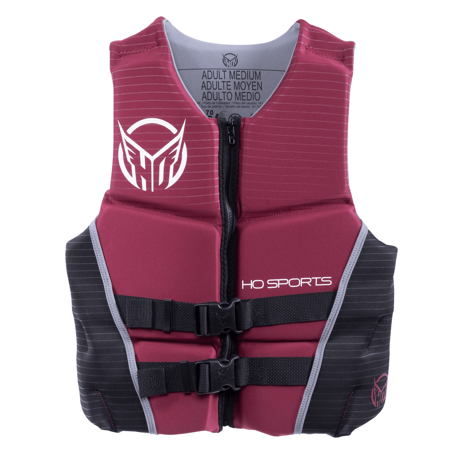 Front view of the Men’s System life vest in burgundy and black with a zippered closure, dual buckles, and white branding.